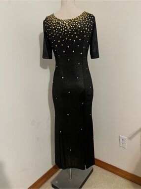 Black Evening Gown with Gold Embellishments . Size S